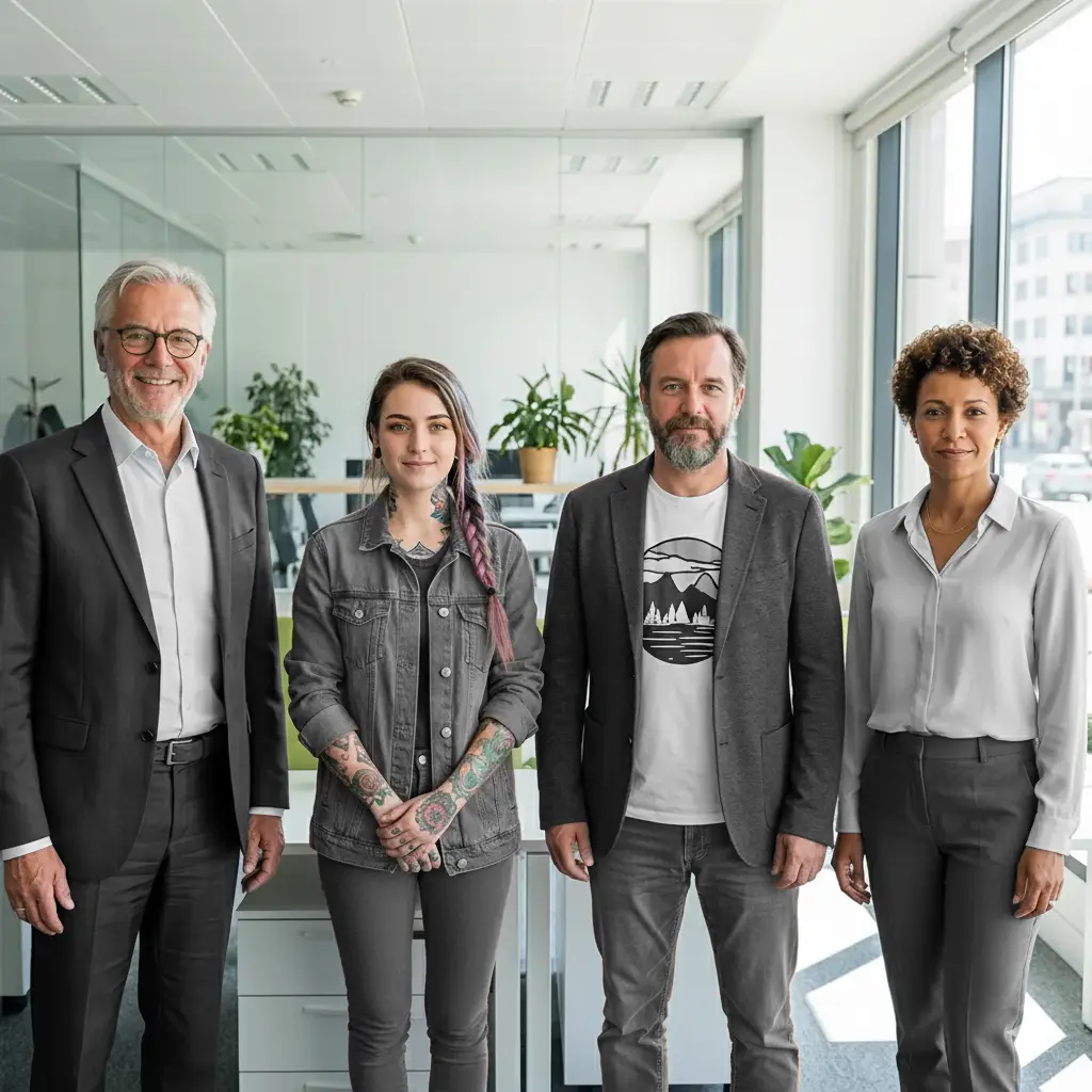 Vier Personen stehen nebeneinander in einem hellen Büroflur.
