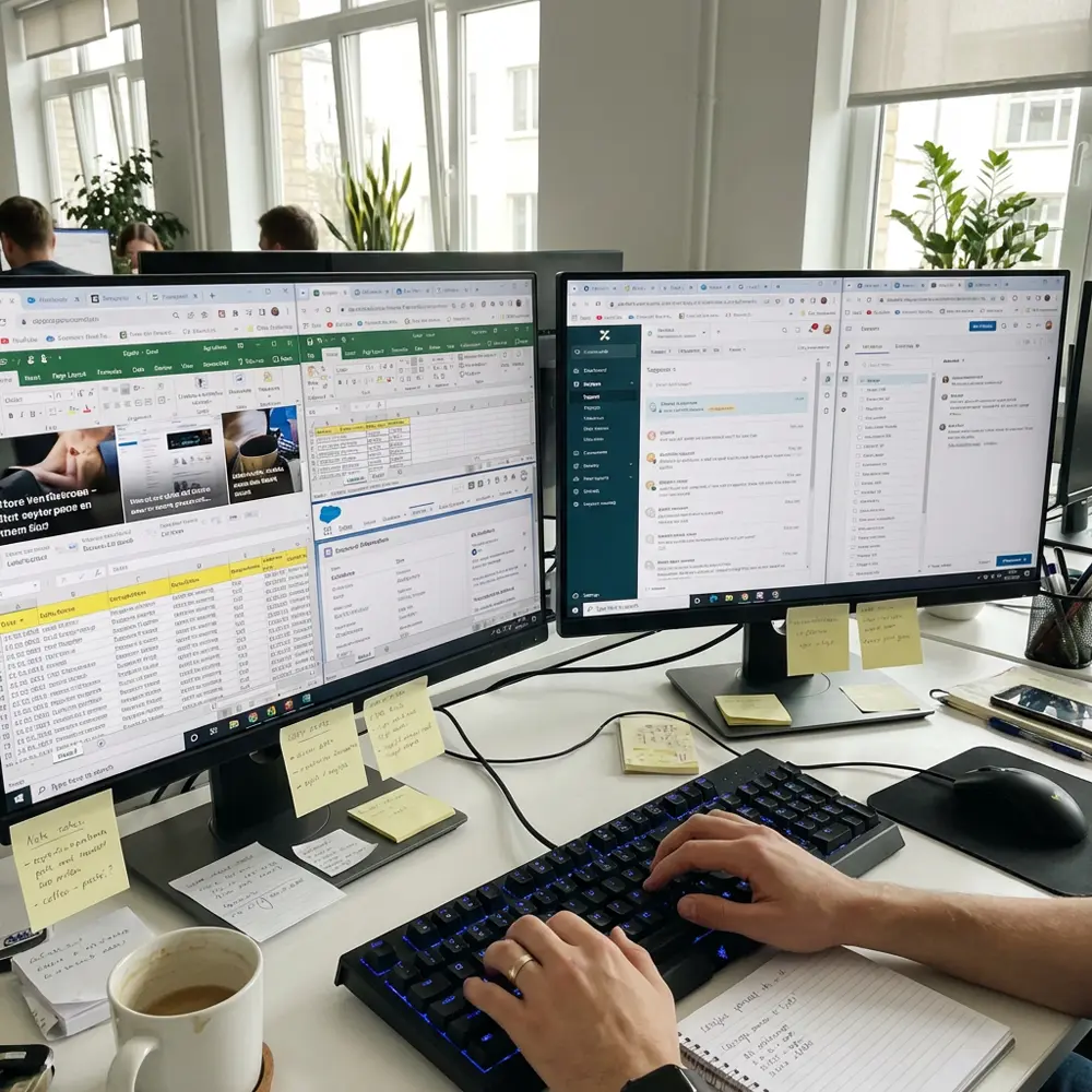 Arbeitsplatz mit zwei Monitoren, auf denen verschiedene Anwendungen parallel geöffnet sind.