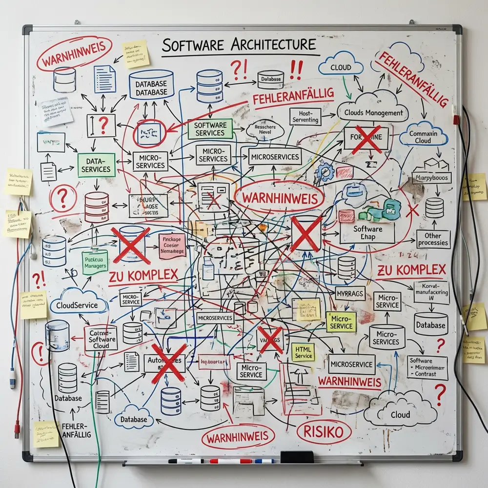 Whiteboard mit komplexer Software-Skizze, Notizen, Pfeilen und markierten Problemstellen.