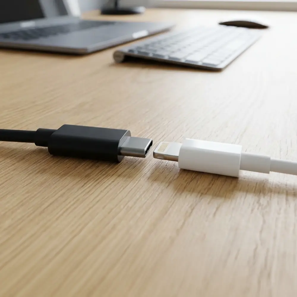 Zwei nicht verbundene Kabelenden liegen auf einem Schreibtisch und symbolisieren einen Systembruch.