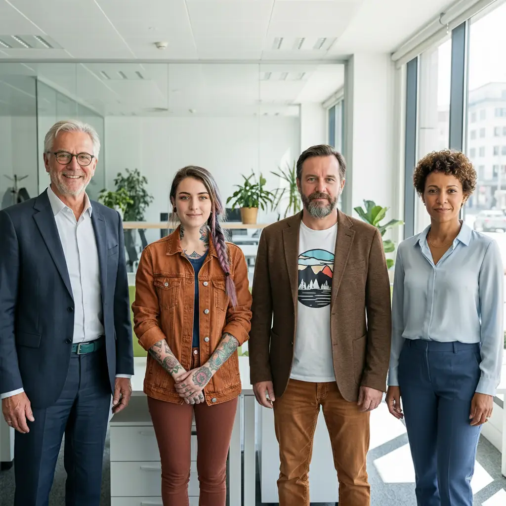Vier Personen stehen nebeneinander in einem hellen Büroflur.