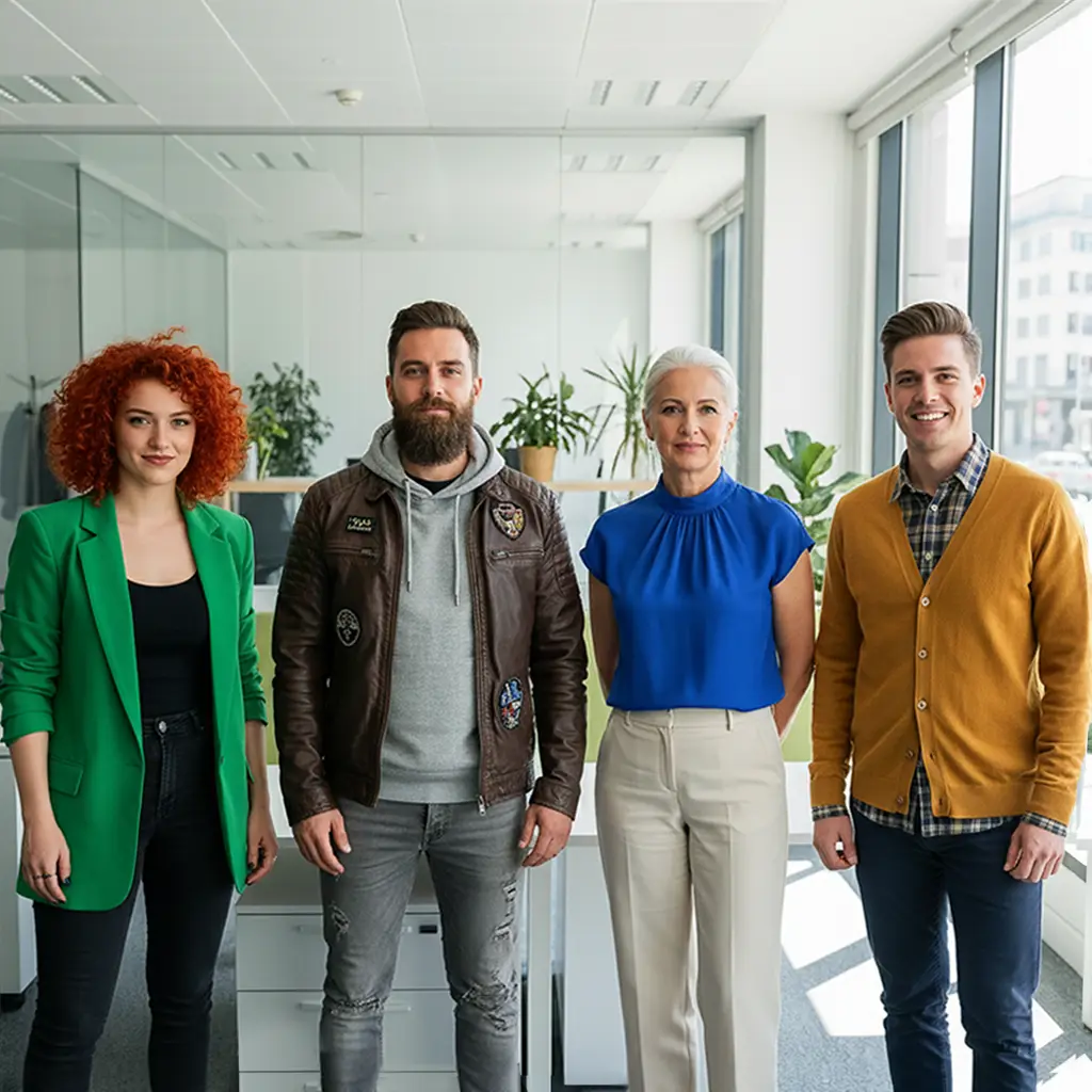 Vier Personen stehen nebeneinander in einem hellen Büroflur.