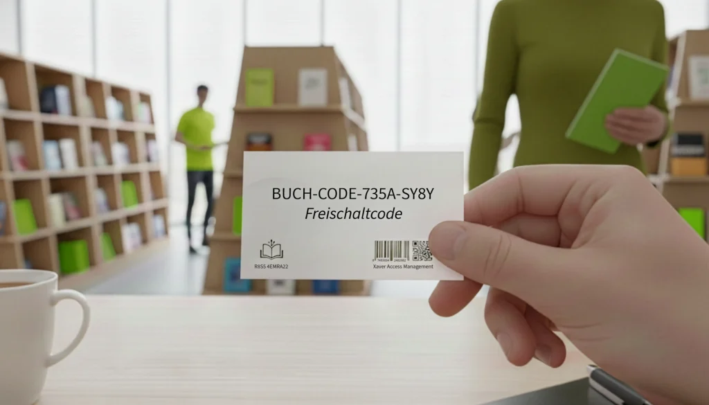 Hand hält Karte mit Freischaltcode vor unscharfem Bürohintergrund.